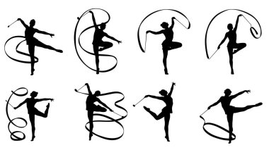 Siyah Katı Kurdele Dans Siluetleri Beyaz Arkaplanda Altı Kişilik Seti beyaz arka planda izole edildi.