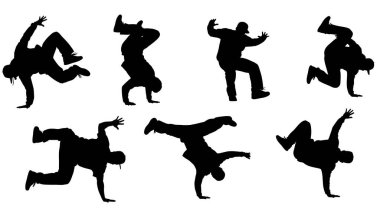 Siyah Katı Hip Hop Freeze Dondurucu Siluetler Beyaz Arkaplanda Altı Seti.