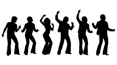 Siyah Katı Disko Partisi Siluetleri Beyaz Arkaplanda Altı Kişilik Seti beyaz arka planda izole edildi.