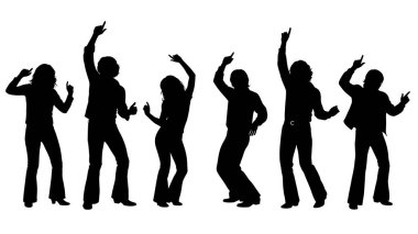 Siyah Katı Disko Partisi Siluetleri Beyaz Arkaplanda Altı Kişilik Seti beyaz arka planda izole edildi.