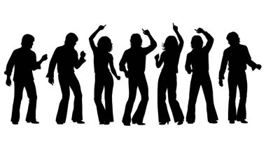 Siyah Katı Disko Partisi Siluetleri Beyaz Arkaplanda Altı Kişilik Seti beyaz arka planda izole edildi.