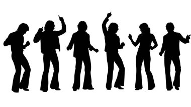 Siyah Katı Disko Partisi Siluetleri Beyaz Arkaplanda Altı Kişilik Seti beyaz arka planda izole edildi.