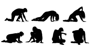 Siyah Katı Çağdaş Yer Silüetleri Beyaz Arkaplanda Altı Kişilik Seti beyaz arka planda izole edildi.