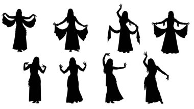 Siyah Katı Göbek Dansçısı Siluetleri Beyaz Arkaplanda Altı Kişilik Seti beyaz arka planda izole edildi.