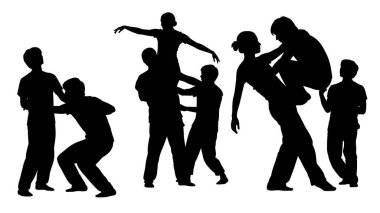 Siyah Katı Temas Geliştirme Silüeti Beyaz Arkaplanda Altı Kişilik Seti beyaz arka planda izole edildi.