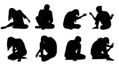 Siyah Katı Çağdaş Yer Silüetleri Beyaz Arkaplanda Altı Kişilik Seti beyaz arka planda izole edildi.