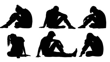 Siyah Katı Dansçı Çömelmiş Bekleyen Altı siluet seti sade beyaz arka planda izole edilmiş.