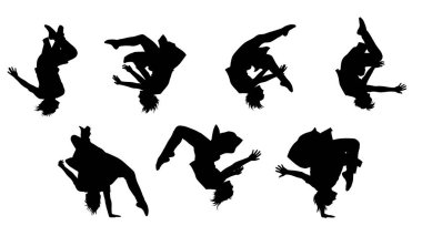 Siyah Katı Dansçı Takla Atar Altı kişilik siluetler sade beyaz arka planda izole edilmiş.