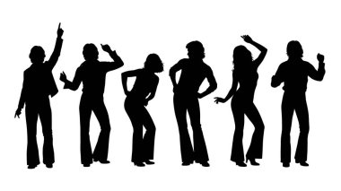 Siyah Katı Disko Partisi Siluetleri Beyaz Arkaplanda Altı Kişilik Seti beyaz arka planda izole edildi.