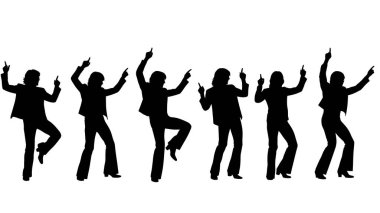 Siyah Katı Disko Şarkıcısı, Beyaz Arkaplanda Altı Kişilik Siluetler Seti beyaz arka planda izole edildi.