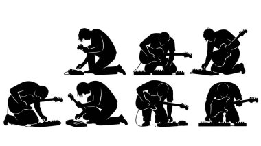 Siyah Katı Gitarist Diz çökmüş Pedal Siluetleri Beyaz Arkaplanda Altı Kişilik Seti beyaz arka planda izole edildi.