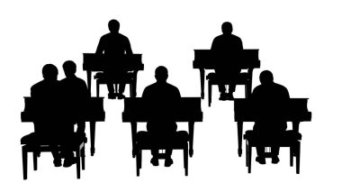 Black Solid Pianist Back View Silhouettes Set of Six on White Background isolated on plain white background.