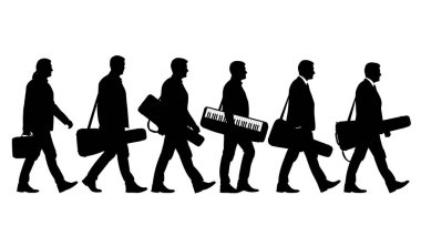 Siyah Katı Piyanist Dava Siluetleri Taşıyarak Beyaz Arkaplanda Altı Kişilik Seti.