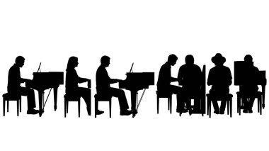 Black Solid Pianist Crossed Legs Silhouettes Set of Six on White Background isolated on plain white background.