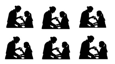 Siyah Katı Piyano Öğretmeni ve Beyaz Arkaplanda Altı Numaralı Öğrenci Silüetleri.