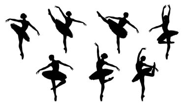 Siyah Katı Bale Pique Dönüş Siluetleri Beyaz Arkaplanda Altı 'lı set sade beyaz arka planda izole.