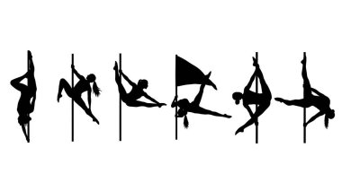 Siyah Katı Direk Dans Silüetleri Beyaz Arkaplanda Altı Kişilik Seti.