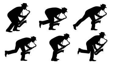 Siyah Başparmaklı Saksafon Oynatıcı Siluetleri Beyaz Arkaplanda Altı Kişilik Seti.