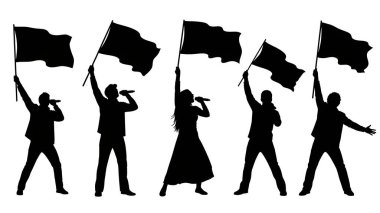 Siyah Solid Singer Holding Flag Siluetleri Beyaz Arkaplanda 6 'lı set beyaz arka planda izole edildi.