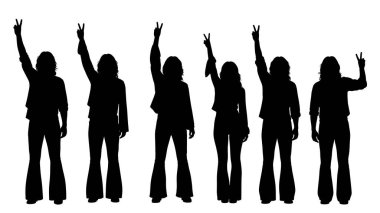 Siyah Katı Şarkıcı Barış Tabelaları Beyaz Arkaplanda Altı Kişilik Siluetler.