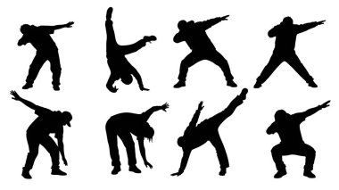 Siyah Katı Viral Dans Silüetleri Beyaz Arkaplanda Altı Kişilik Seti beyaz arka planda izole edildi.