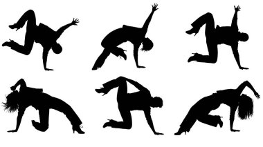 Siyah Katı Vogue Dip Drop Taşıma Siluetleri Altı kişilik set sade beyaz arkaplanda izole edildi.