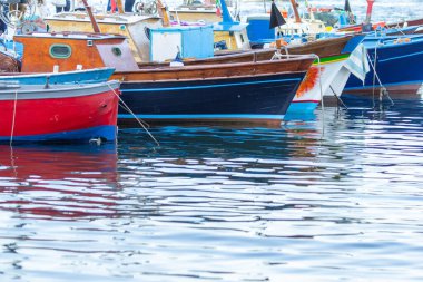 Sakin deniz limanında demirlemiş tekne koleksiyonu.