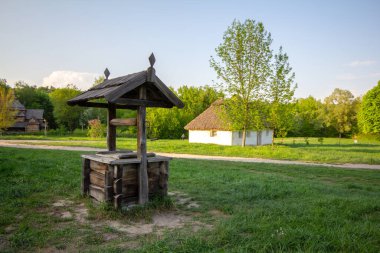 Yeşil çimenler ve ağaçlarla çevrili ahşap kuyu.