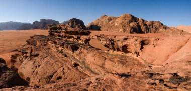 Uçsuz bucaksız çöl manzarası kayalık dağlar ve berrak gökyüzü.