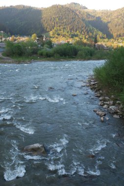 Yeşil ağaçlar ve dağlarla çevrili akan nehir.