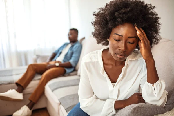 Unhappy Couple Argument Living Room Home Sad Pensive Young Girl — Stock Photo, Image