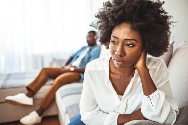 Sad Pensive Young Girl Thinking Relationships Problems Sitting Sofa Offended — Stock Photo, Image