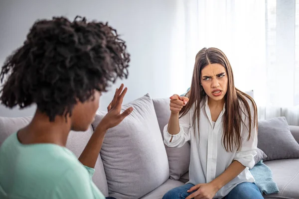 Girls Quarrel Women Talking Loudly Something Friends Arguing Sofa Home — Stock Photo, Image