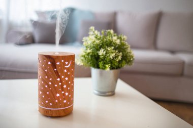 Temel yağlar sabah ışığında evde dağılıyor. Gerekli Yağ Yayıcısı. Evde küçük bir hava nemlendirici var. Aroma sağlık esansı, sağlık aromaterapisi ev spa parfümü huzur terapisi, terapi buharı.