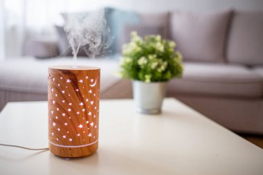 Temel yağlar sabah ışığında evde dağılıyor. Gerekli Yağ Yayıcısı. Evde küçük bir hava nemlendirici var. Aroma sağlık esansı, sağlık aromaterapisi ev spa parfümü huzur terapisi, terapi buharı.