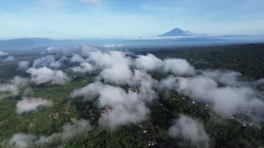 Endonezya 'da açık mavi bir gökyüzü altında alçak bulutlar ve uzak volkanla tropikal ormanın hava aracı görüntüsü