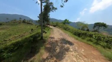 Endonezya 'da açık mavi bir gökyüzü altında yeşil tepeler ve ağaçlarla çevrili kayalık toprak bir yol boyunca uçan FPV insansız hava aracı görüntüsü