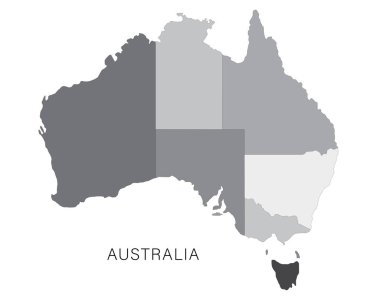 Avustralya haritası beyaz arkaplanda devletlerin sınırlarını gösteriyor