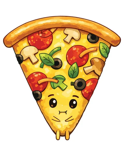 Gülümseyen yüz ifadesi ve beyaz arka planda izole edilmiş renkli malzemeler olan şirin çizgi film pizza dilimi karakteri.