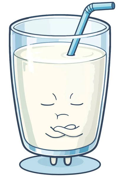 Beyaz arka planda izole edilmiş yüz ifadesi ve saman olan tatlı bir süt karakteri karikatürü.