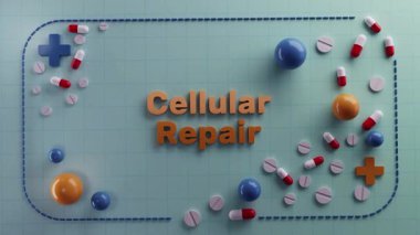 Tıbbi onarım, stilize edilmiş tıbbi onarım grafikleri haplar ve çapraz semboller, canlı sağlık temalı sahne destekleyici ruh haliyle hücresel onarım elementleri sergiliyor