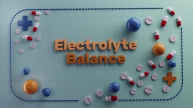 renkli elektrolit hapları görsel, sağlık sembolleri ile tıbbi temalı kapsül düzenleme, sağlık temalı arka planda gösterilen çeşitli renkli elektrolit tabletleri
