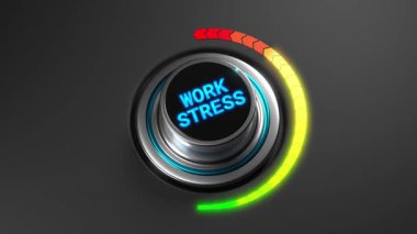 Üç boyutlu animasyon, iş stresinin kırmızı bölgeye vurduğunu gösteriyor. Ofis yorgunluğu, zihinsel yorgunluk, endişe ve kurumsal baskı görselleri. İş Stres Seviyesi 3 boyutlu göstergede yükseliyor. Çalışan Yakma ve Ruh Sağlığı Animasyonu.