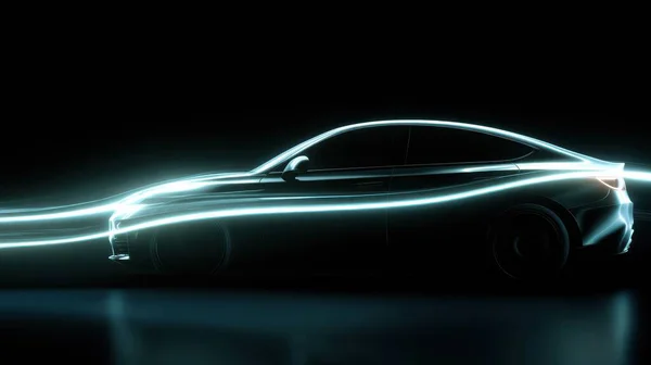 modern neon ışıklı spor araç, parlak renkli ışıklandırması olan şık elektrikli araç, parlak cyan renkleriyle süslenmiş birinci sınıf fütüristik yarış otomobili