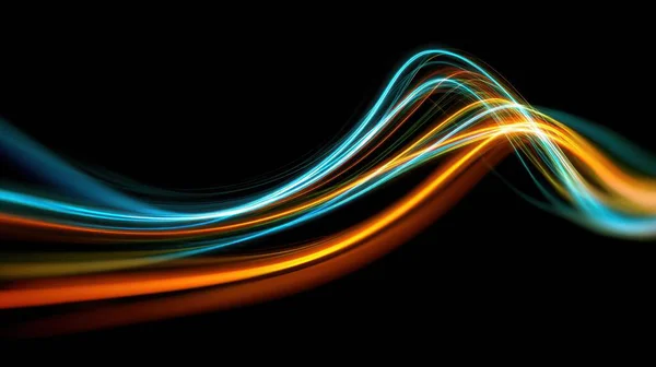 Parlak kenarları ve kinetik akışı ile yüksek kontrastlı dinamik hareket yaratan koyu arkaplan, mavi ve turuncu izler, parlak neon ışık çizgileri, teknoloji ve müzik için fütürist estetik