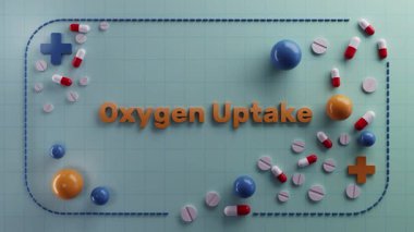 Metni çevreleyen haplar: oksijen alımı konsepti, dağınık kapsüllü ve tabletli yumuşak şebeke arkaplanı, mavi sağlık haçı ve turuncu 3 boyutlu harfler, pulmonolog bilgi titreşimi, oksijenasyon araştırması