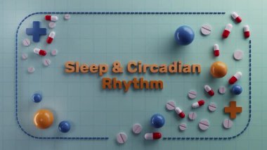 Uyku döngüsü görselleri, tıbbi semboller ve kapsüllerle dairesel ritmi tasvir eden stüdyo görüntüleri, sirkadyan biyoloji ve melatonin odaklı uyku ilacı konseptleri sergileyen minimalist tasarım.