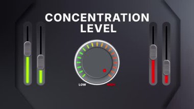 Animasyon konsantrasyon kadranı düşük seviyeden yüksek seviyeye çıkıyor. Üretkenlik, eğitim, odaklanma eğitimi, dikkat kontrolü ve bilişsel performans görsel projeleri için mükemmel.