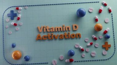 D vitamini işleme ve araştırma görselliği, D vitamini sentezi ve uygulamasının eğitici görselleştirilmesi, D vitamini aktivasyonu ve vücut süreçlerini gösteren animasyon tıbbi bilgiler