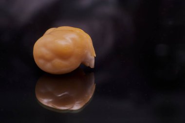 Bu yakın plan, pişmiş nohutun organik dokusunu ve yuvarlak şeklini vurgular ve insan beynini hatırlatan görsel bir tasvir yaratır. Beslenme, vejetaryenlik, akıl sağlığı veya mizahla ilgili kavramlar için ideal.